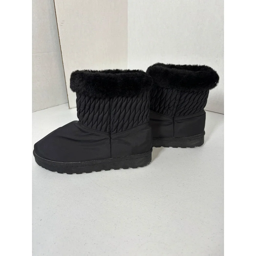 Danskin Fritter Black Vegan Faux Fur Trim Quilted Smocked Winter Boots Womens 9